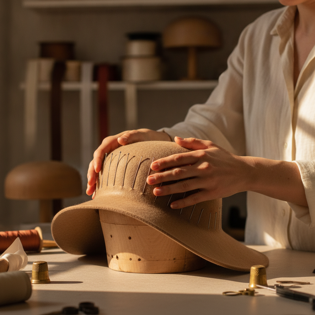 Mains de la modiste façonnant le feutre sur une forme en bois