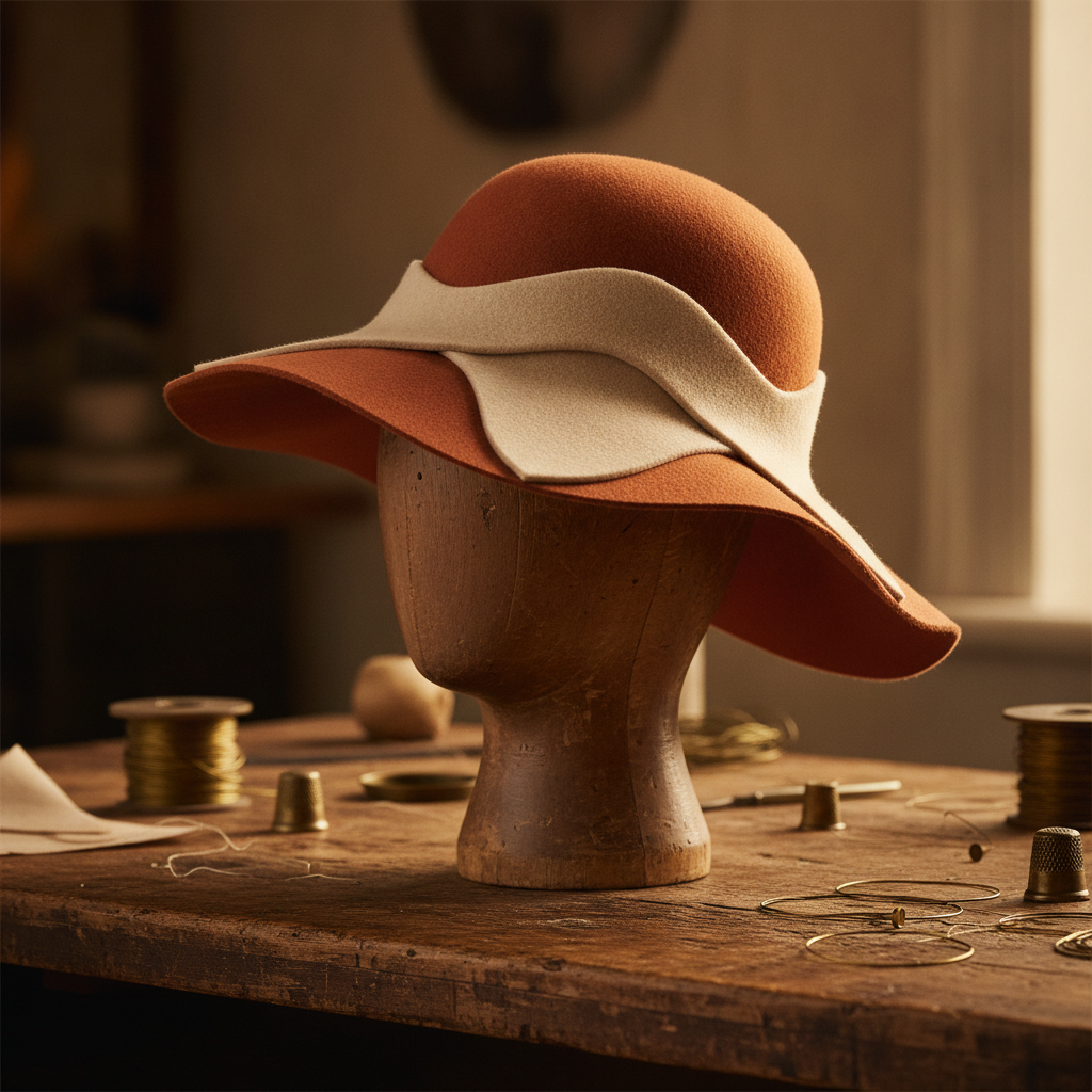 Chapeau de feutre posé sur une forme de modiste, atelier Maison Vallois